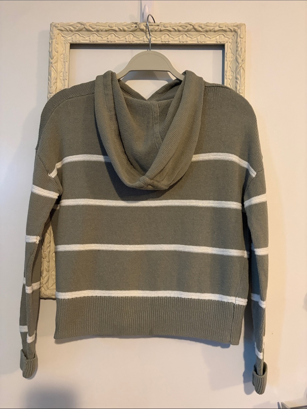 C&C CALIFORNIA | Linen Olive & White Striped Knit Hoodie Sweater - Picture 8 of 14